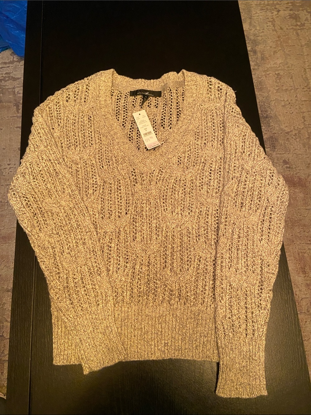 White House Black Market Open-Knit V-Neck Sweater in Beige